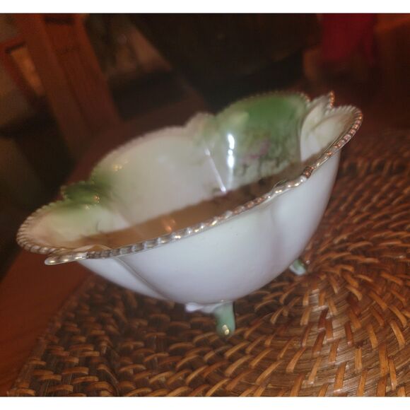 Antique RS Prussia Porcelain Footed Bowl Scalloped Edge Gardenia Gold Rim drops, - Picture 14 of 15